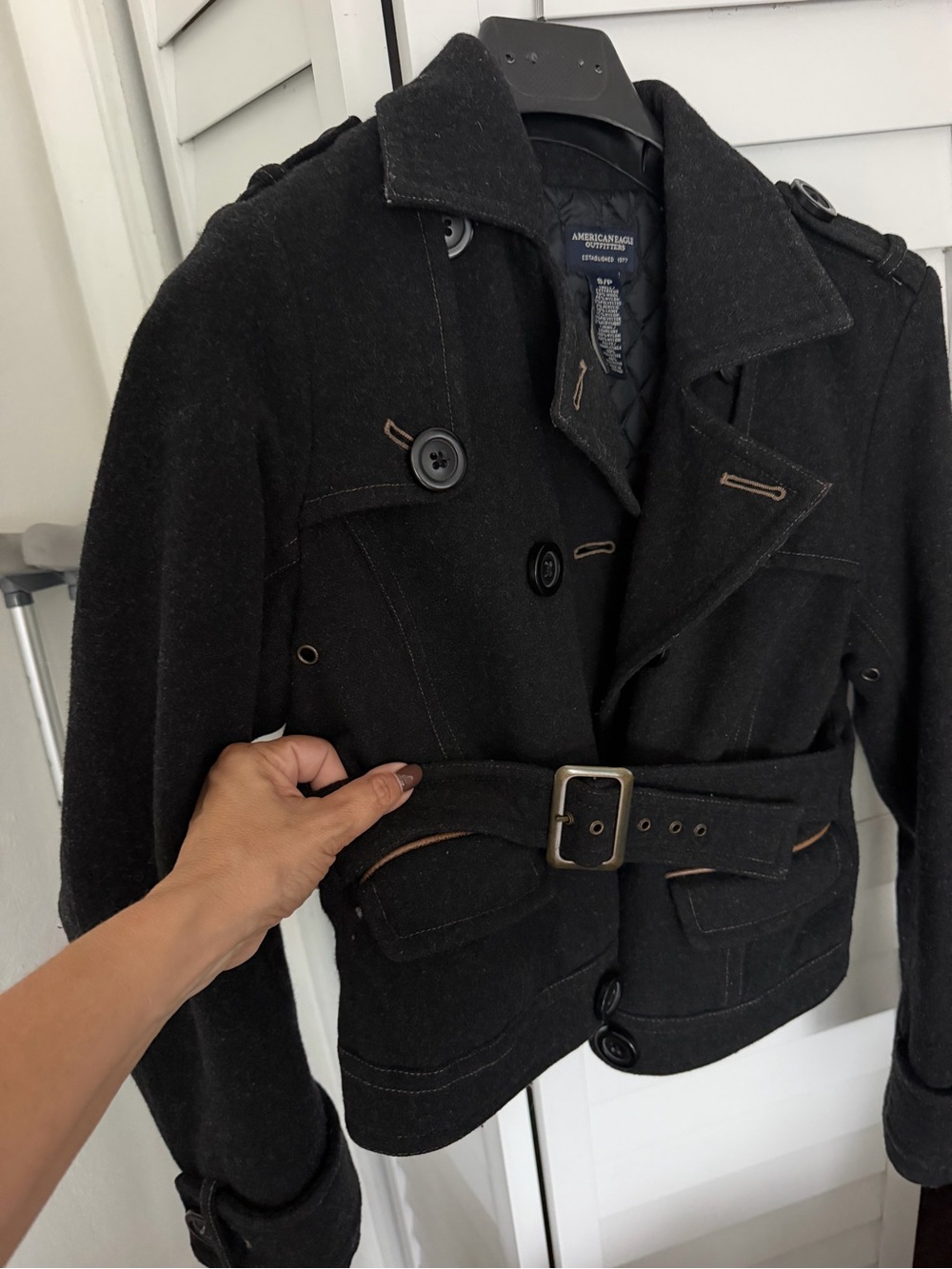 American Eagle Outfitters Black Wool Belted Pea Coat